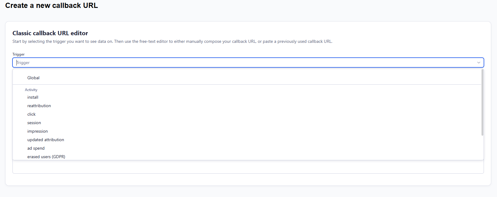 Adjust — paste Callback URL for install and global events