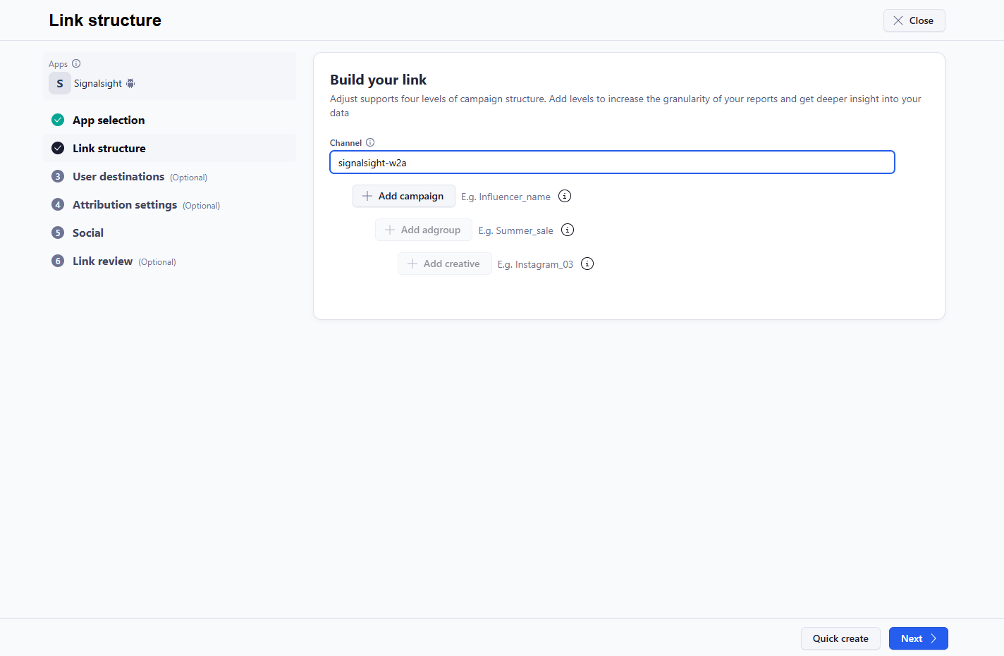 Adjust OneLink creation — step 2