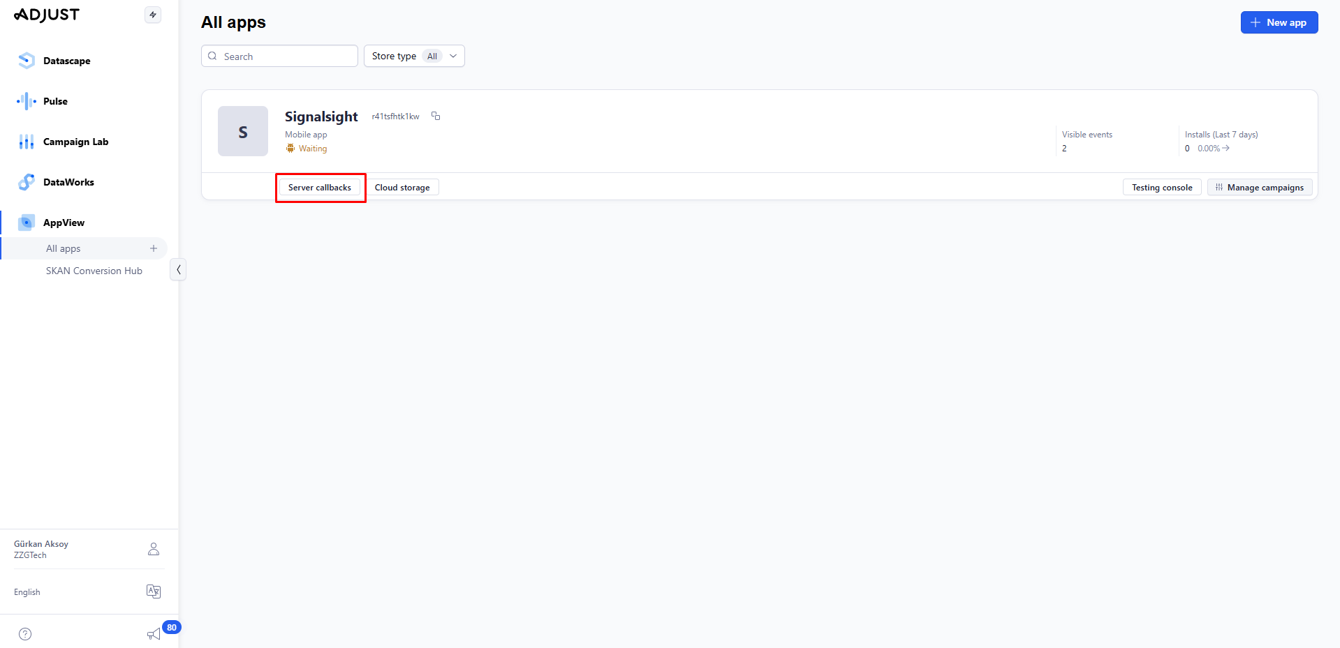 Adjust dashboard — Server Callbacks entry point