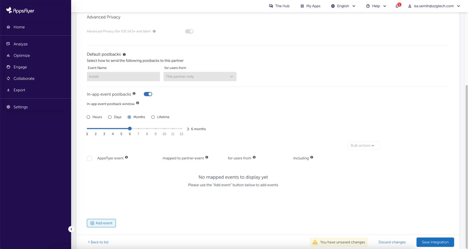 AppsFlyer in-app event postbacks — step 1
