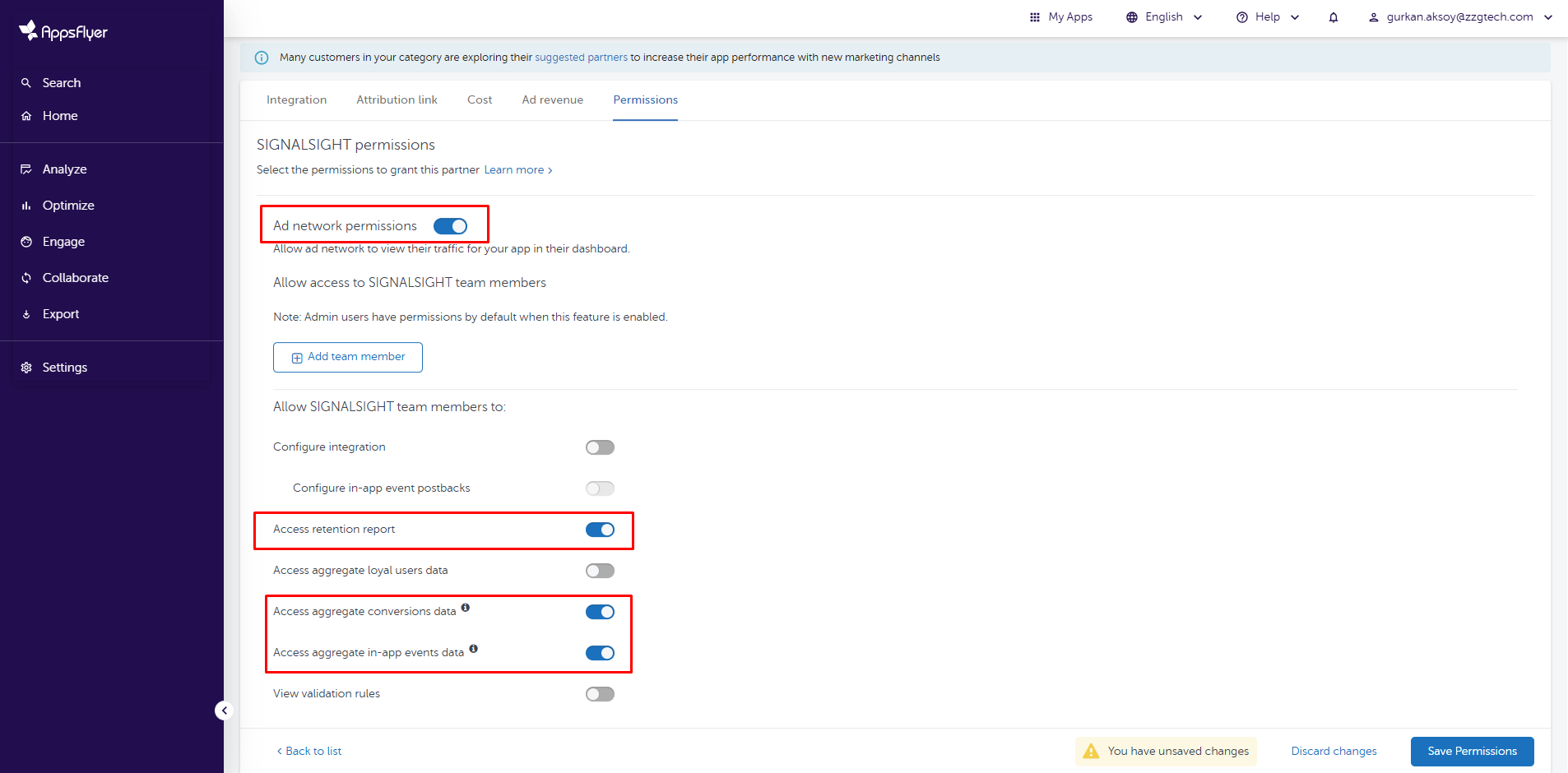 AppsFlyer permissions tab
