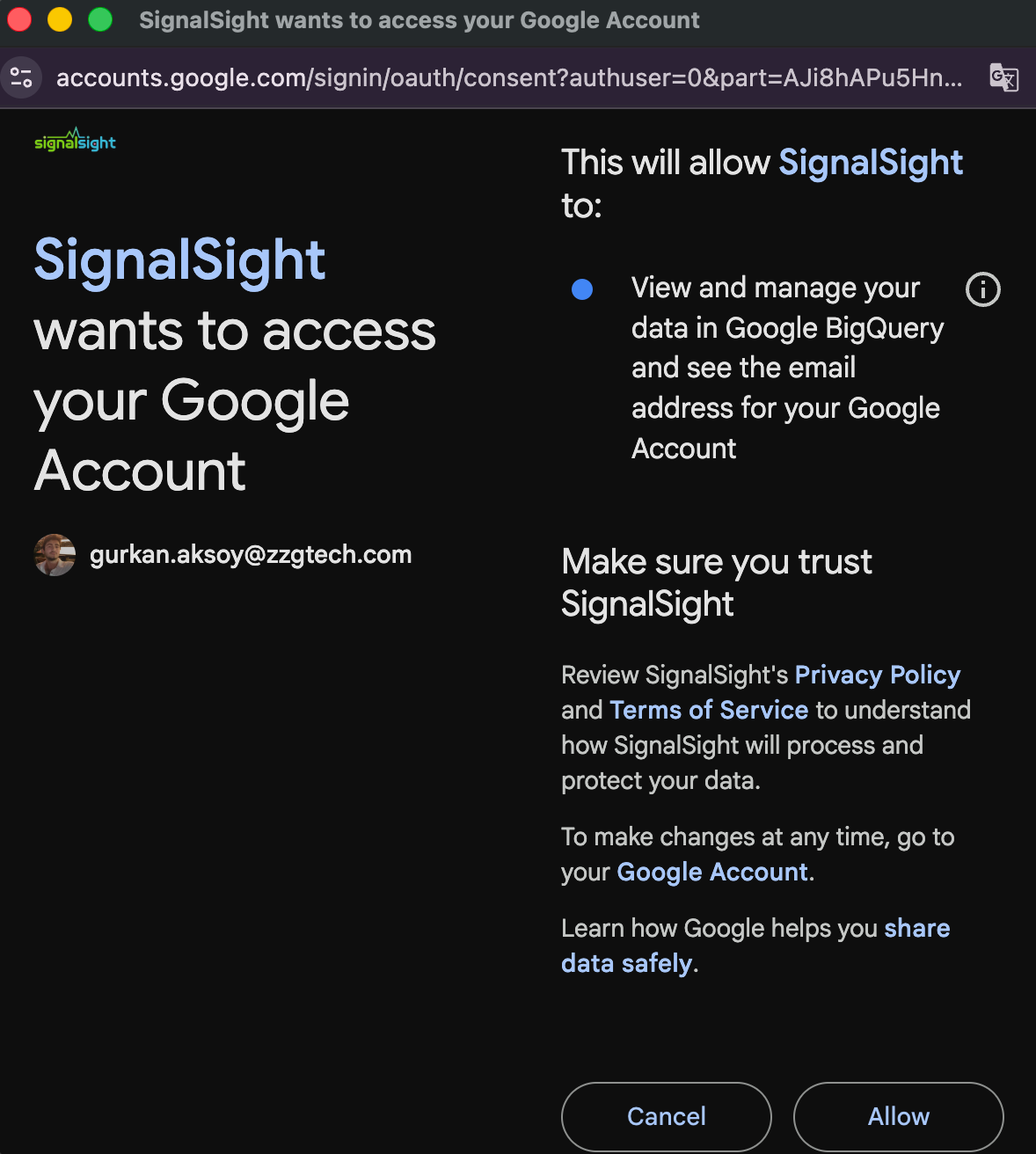 Google OAuth consent — allow SignalSight to access BigQuery