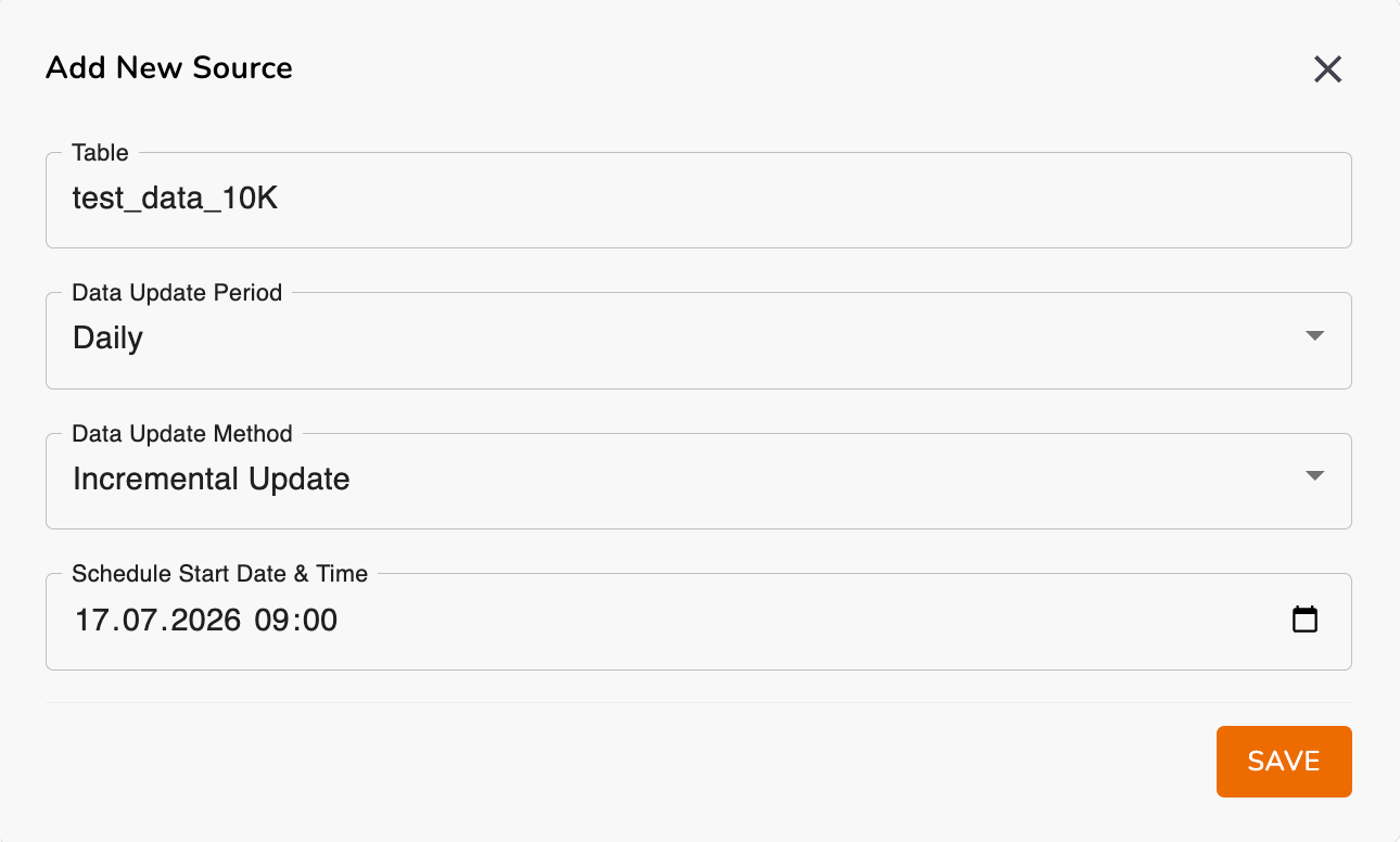 BigQuery source — table selection, update period, method, and schedule