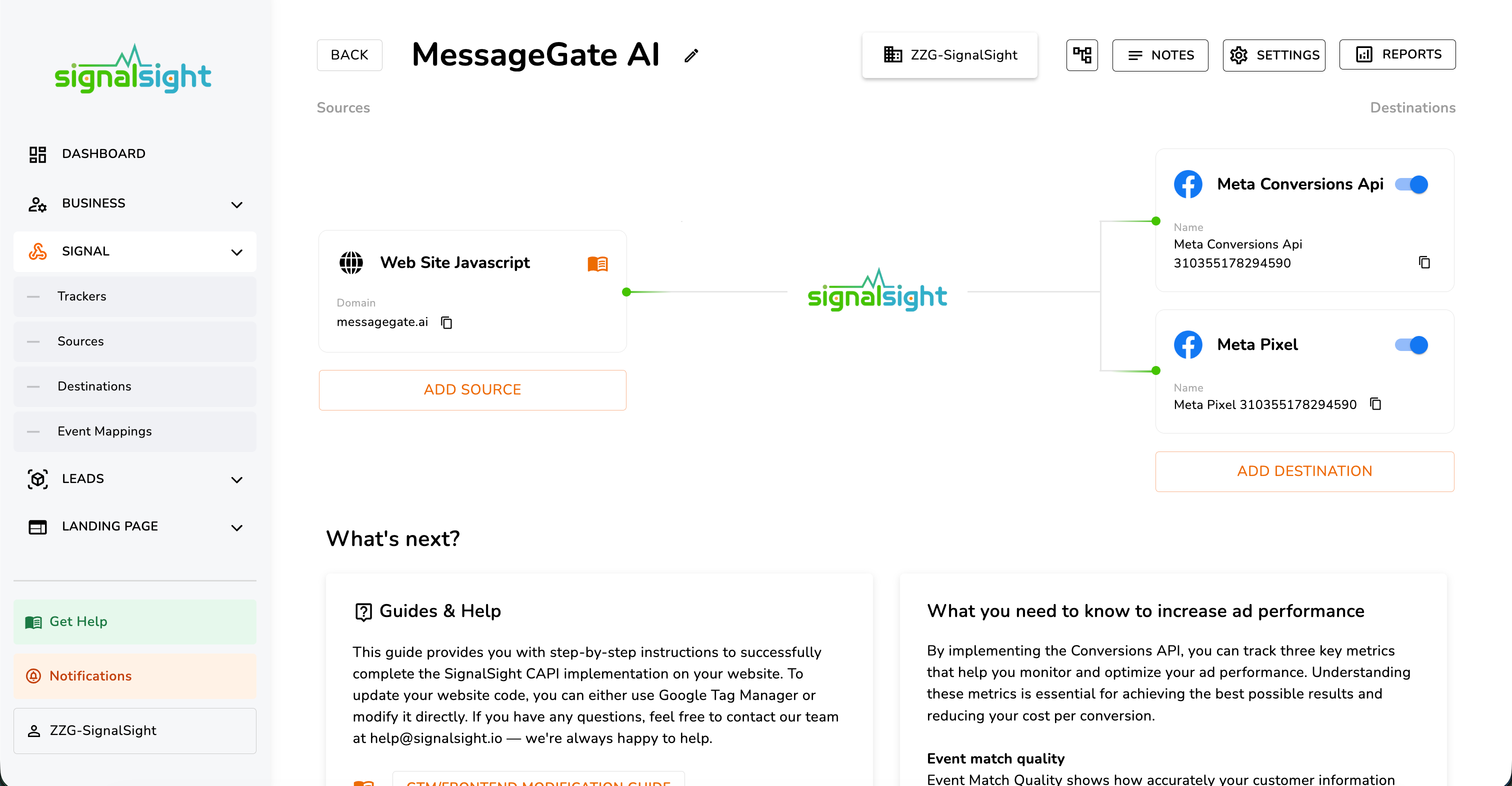 Tracker detail page — sources, destinations, and installation options