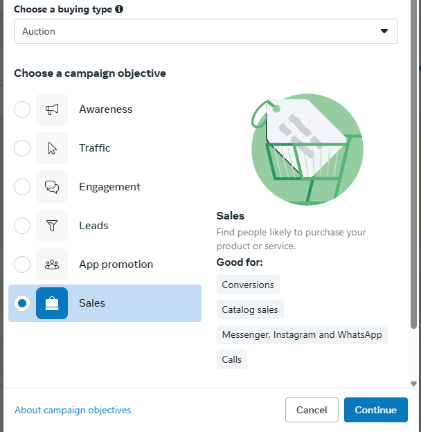 Meta Ads Manager — selecting the Sales objective