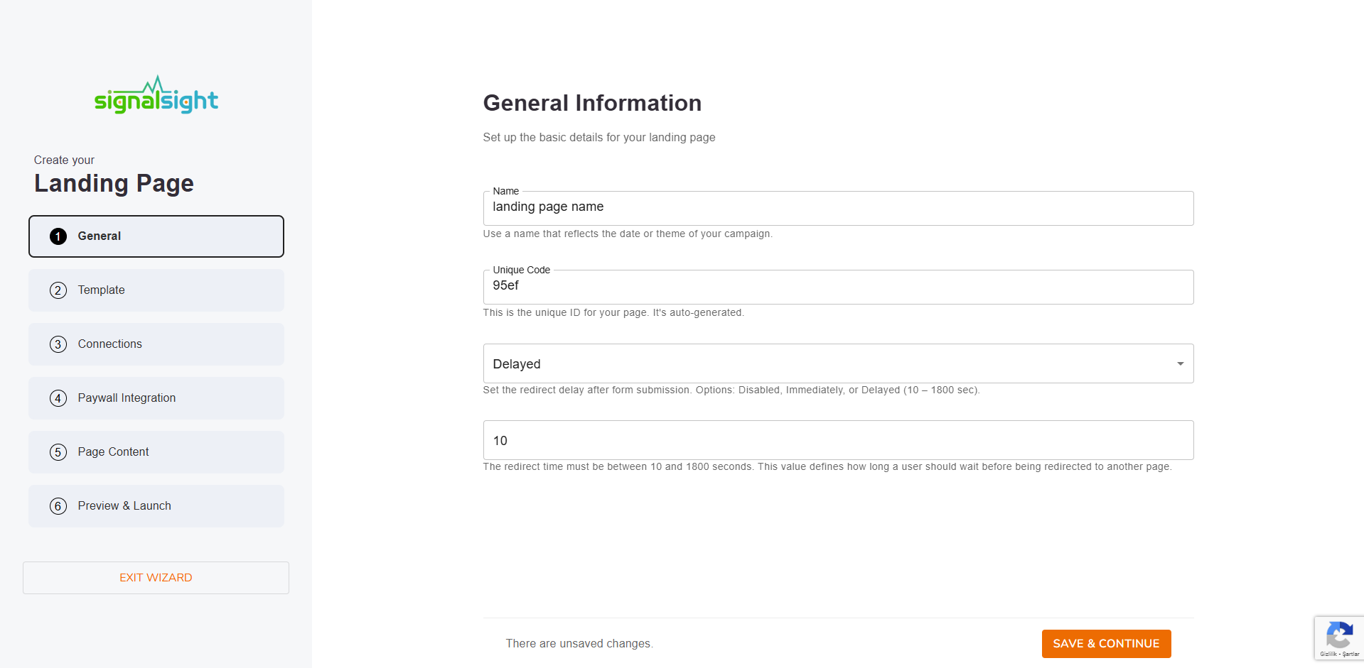 Create Landing Page button on tracker dashboard