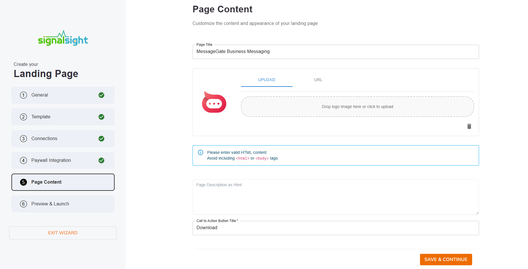 Landing page wizard — Connections and Integrations step