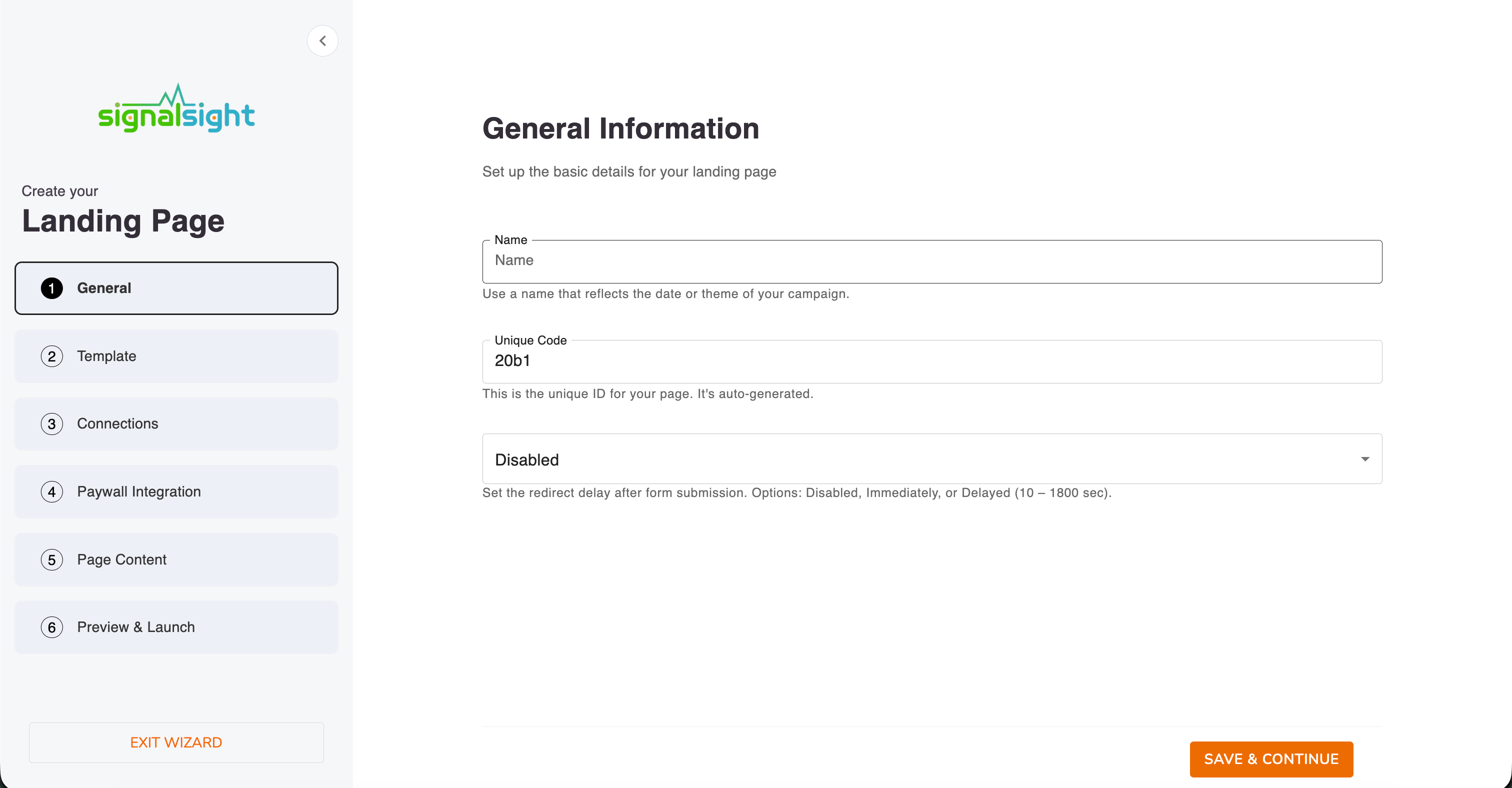Landing page wizard — General Information step