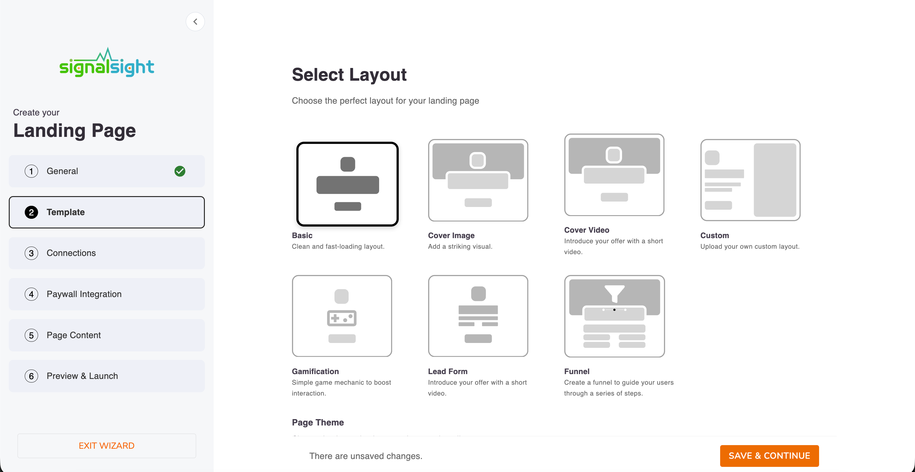 Landing page wizard — Select Layout step