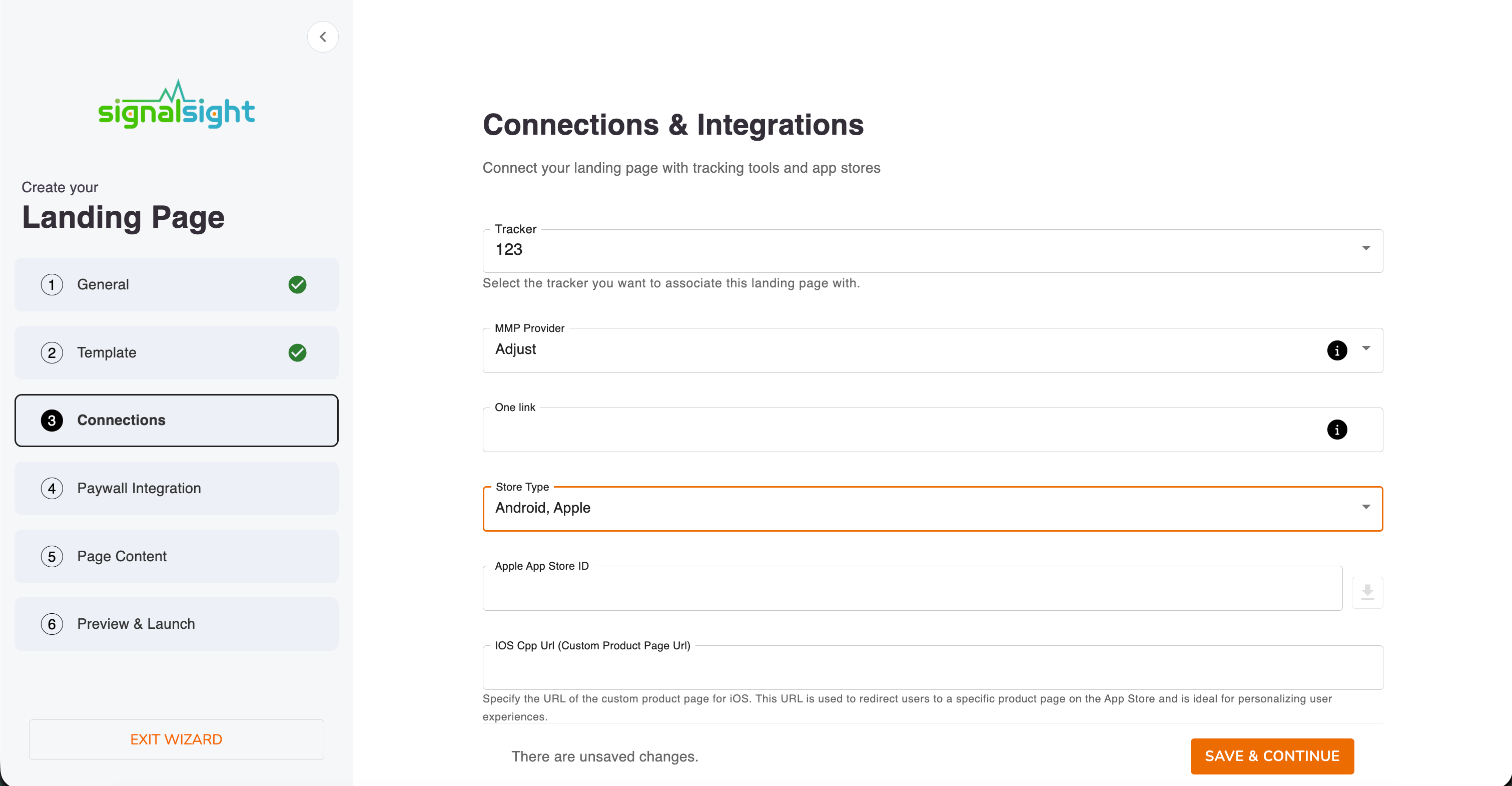 Landing page wizard — Connections & Integrations step