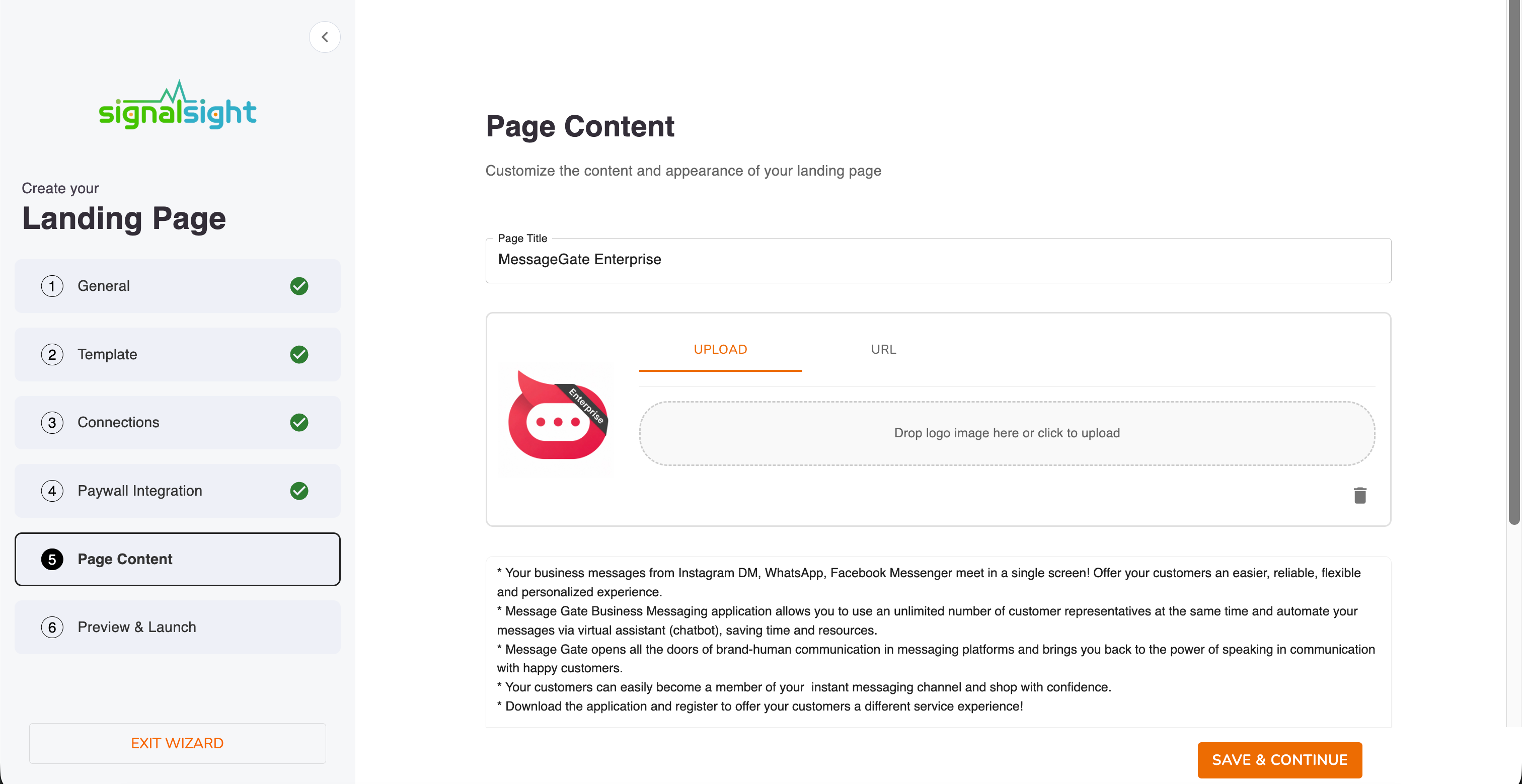Landing page wizard — Page Content step