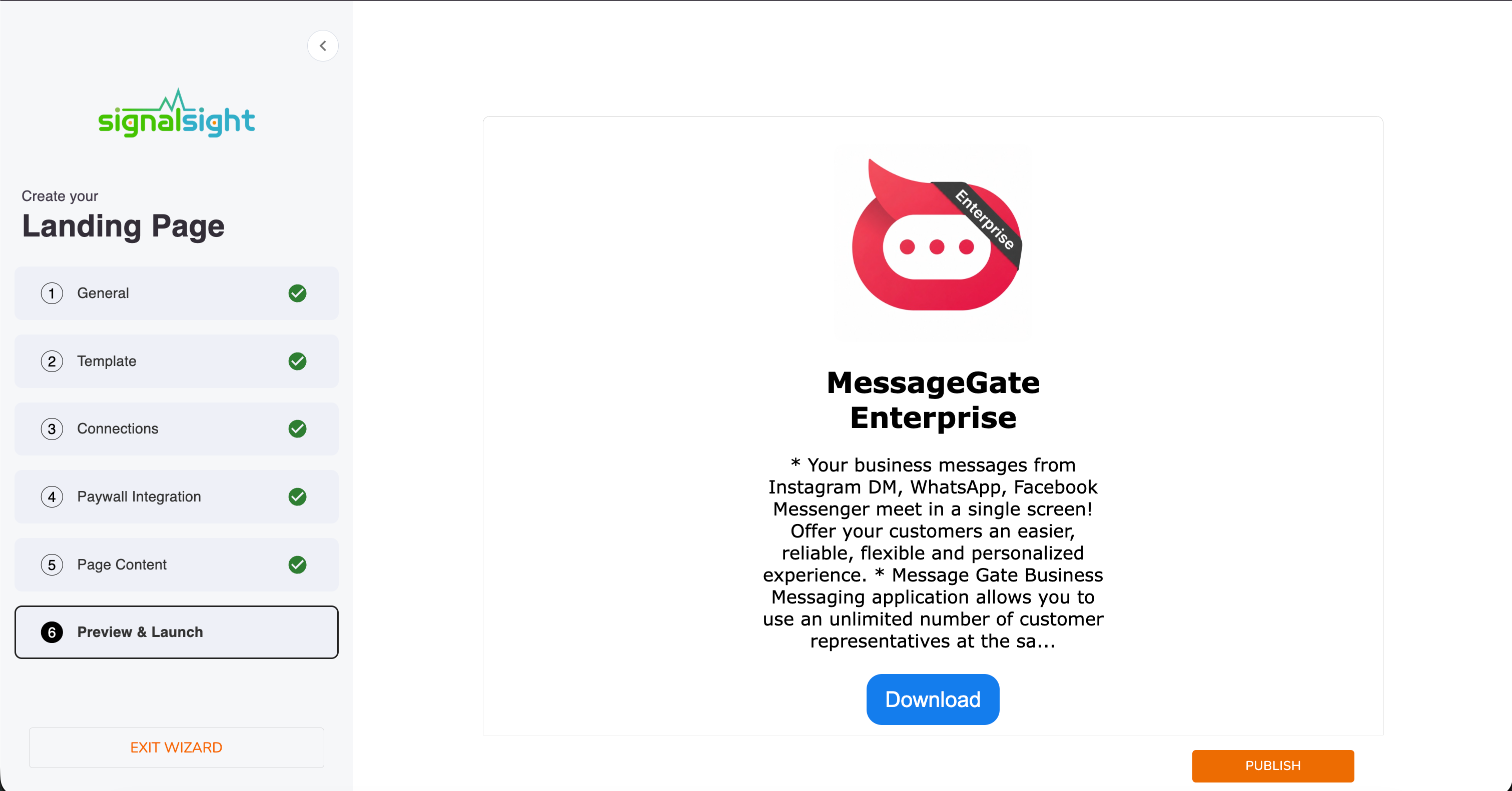 Landing page wizard — Preview & Launch step
