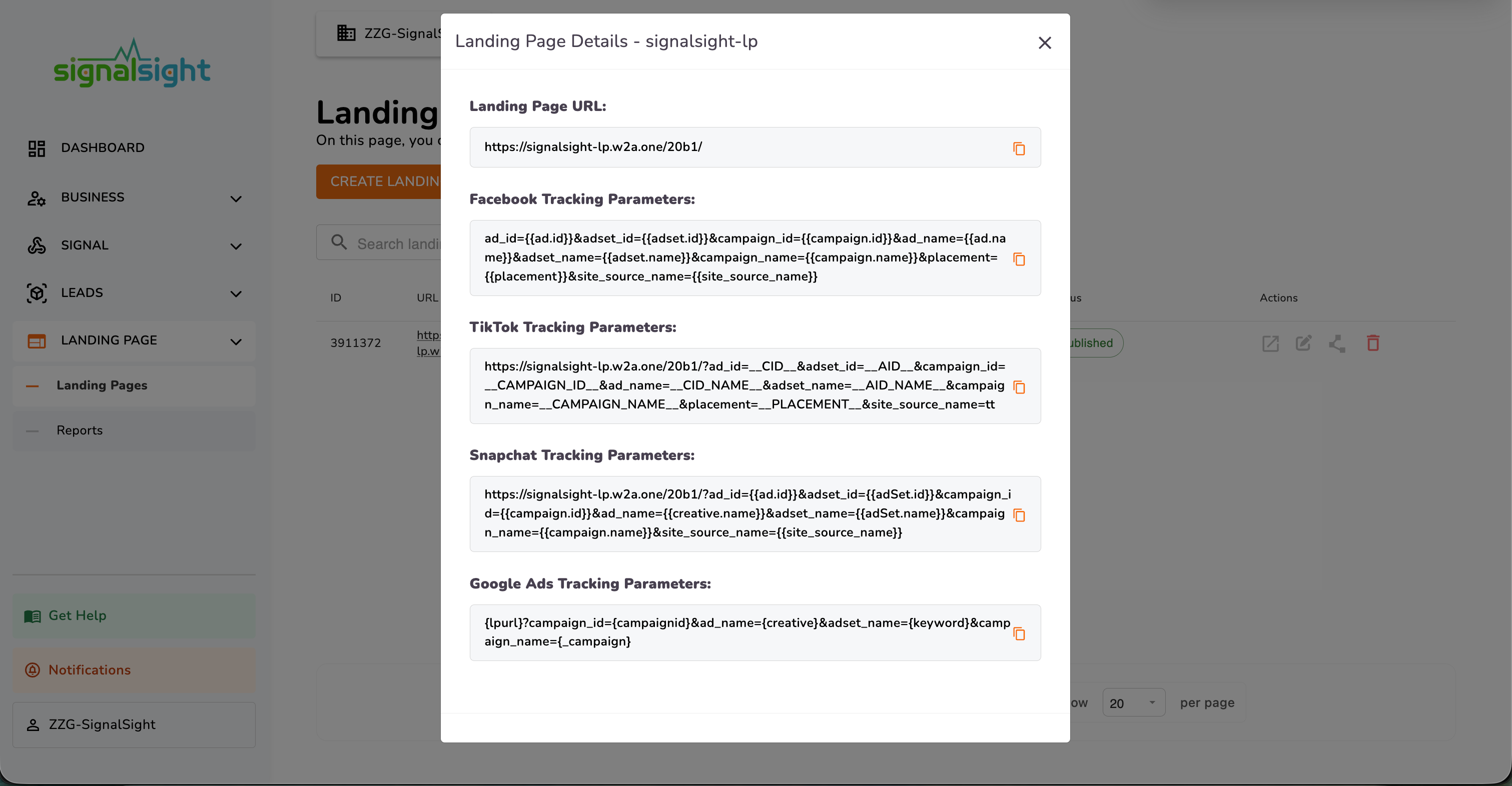 Landing Page Details modal — tracking URLs for each platform