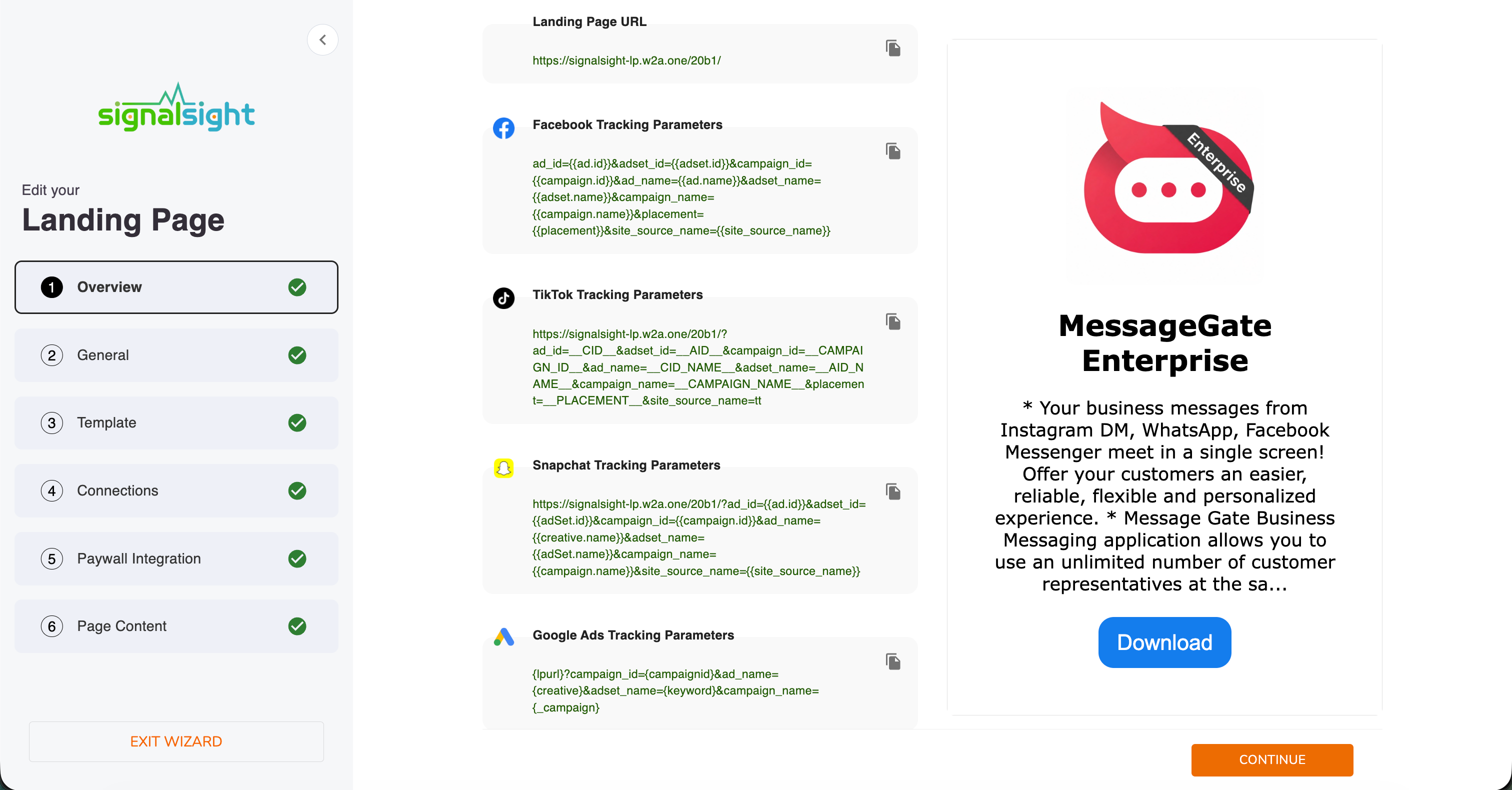 Edit landing page — Overview with tracking URLs and mobile preview
