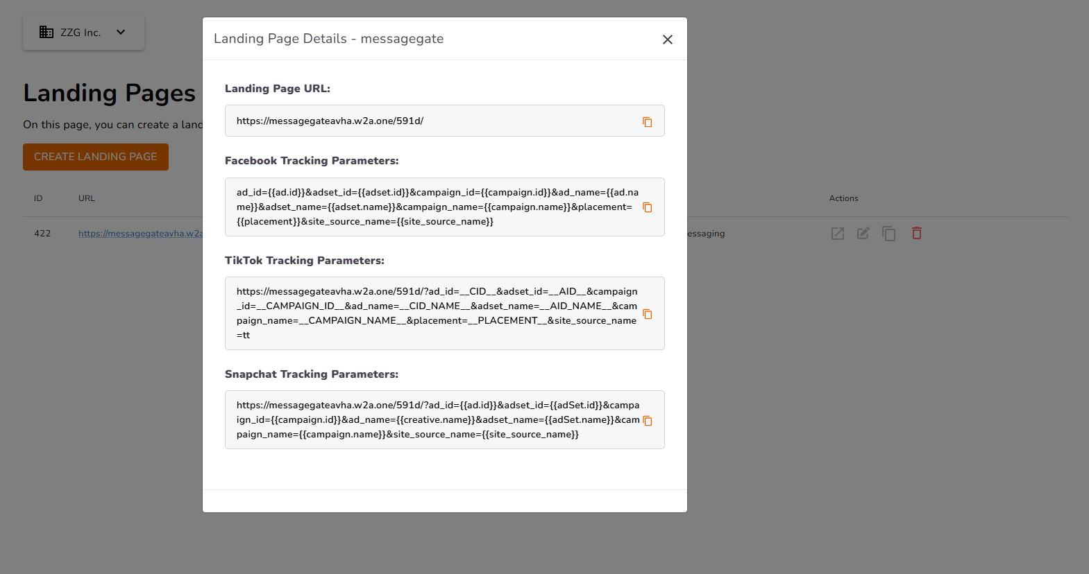 Landing page URLs modal