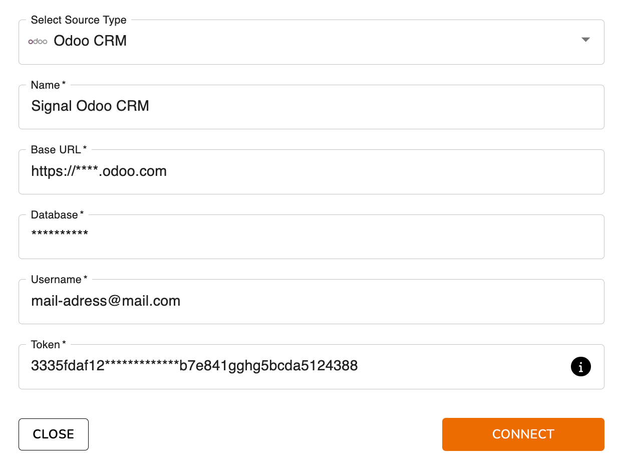 Odoo CRM source — Base URL, Database, Username, and Token fields