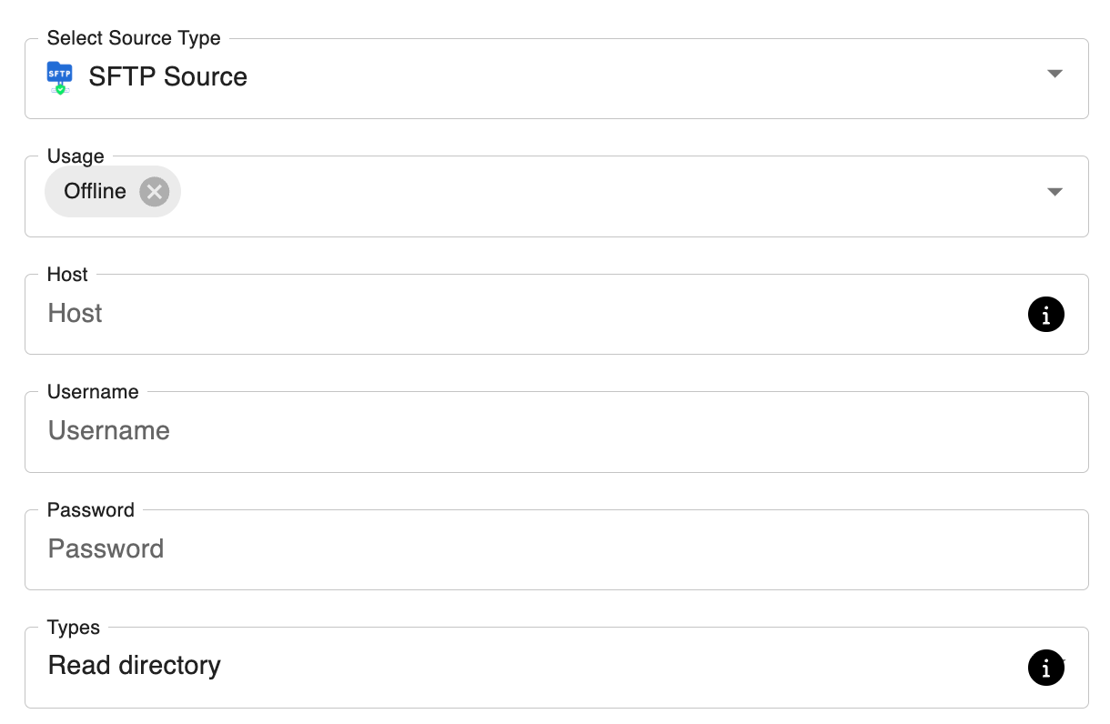 SFTP source — connection settings and file selection