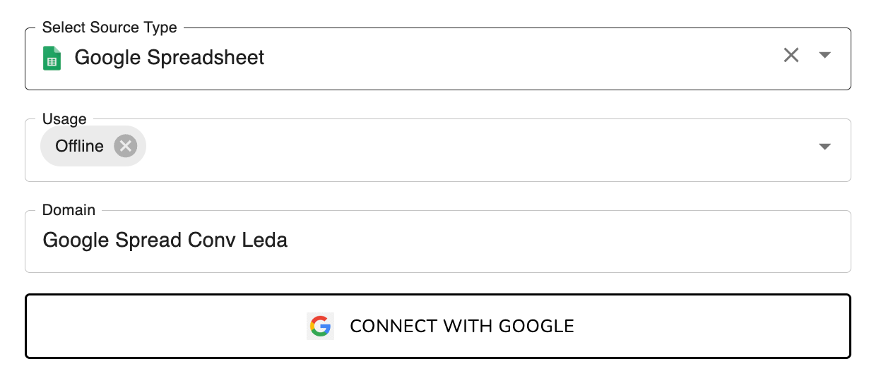 Google Spreadsheet source — Connect with Google button