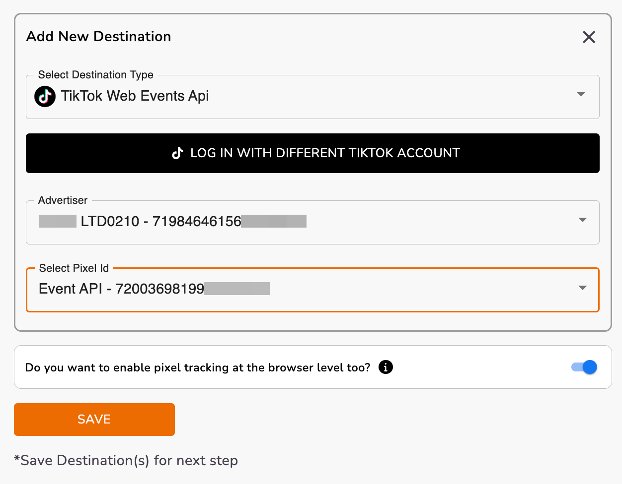 Selecting TikTok advertiser account and Pixel