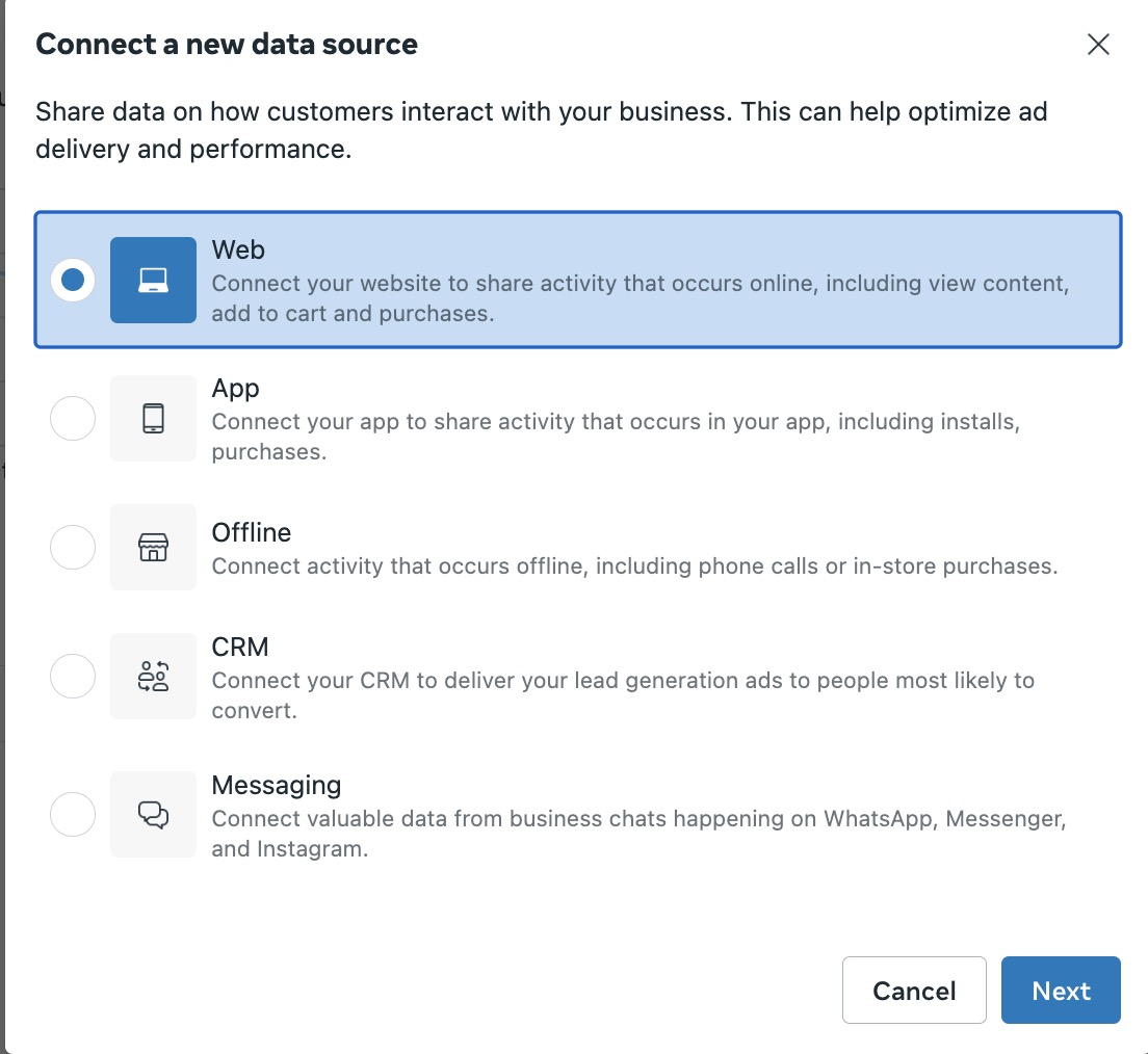 Create a Web Pixel in Meta Event Manager — step 1